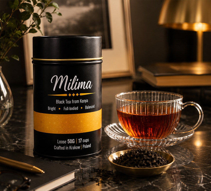 Kenia Milima Leo Tea w metalowej puszce w ksztalcie tuby z przykrywka